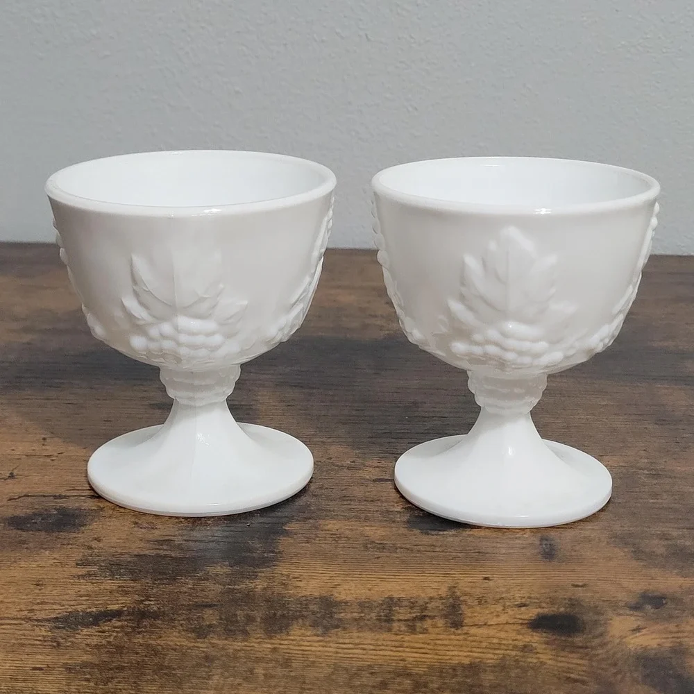 Vintage‎ Colony Harvest Milk Glass Open Sugar Bowl Pedestal Grapes Leaves Set 2